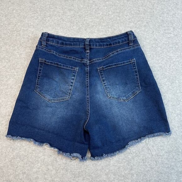 Fashion Nova Cut-Off Short WMNS 7 Dark Wash Denim Distressed High Rise Zip Fly - Picture 3 of 8